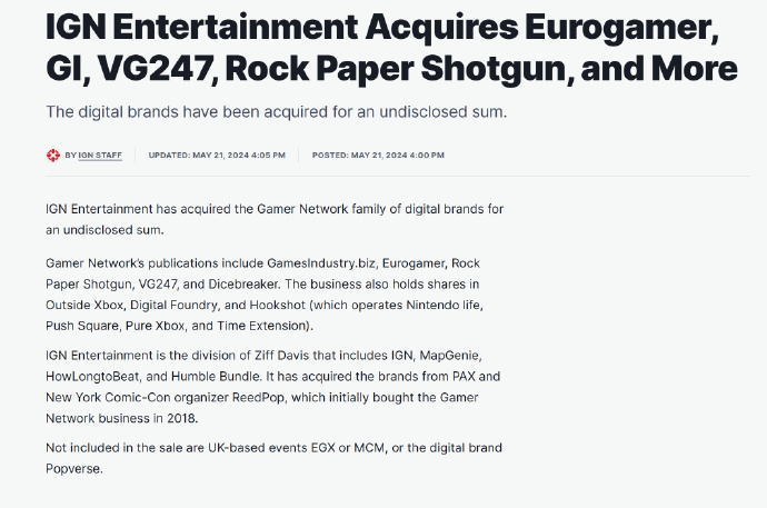 IGN收购多家著名游戏媒体 包含Eurogamer，VG247等！盘点分析